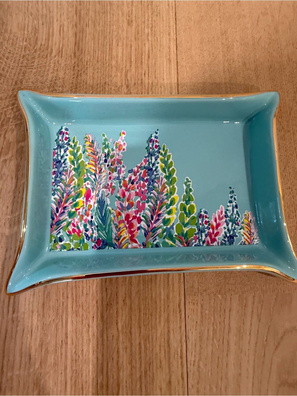 Lilly Pulitzer Blue Floral Trinket Tray Gold Trim 7x5